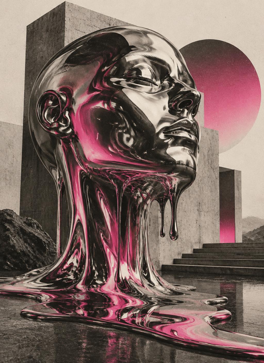 Chrome human sculpture dissolving into pink liquid metal